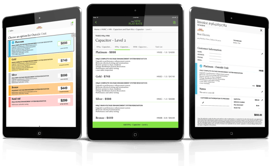 HVAC pricing software menu options and invoice on tablet