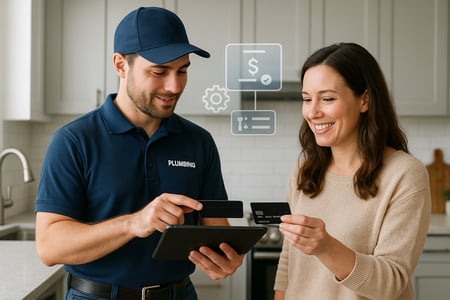 A plumbing technician in a branded uniform using a tablet and accepting a digital payment from a smiling homeowner in a modern kitchen The scene focuses on reallife interaction and technology with subtle icons indicating payment processing and plumbi