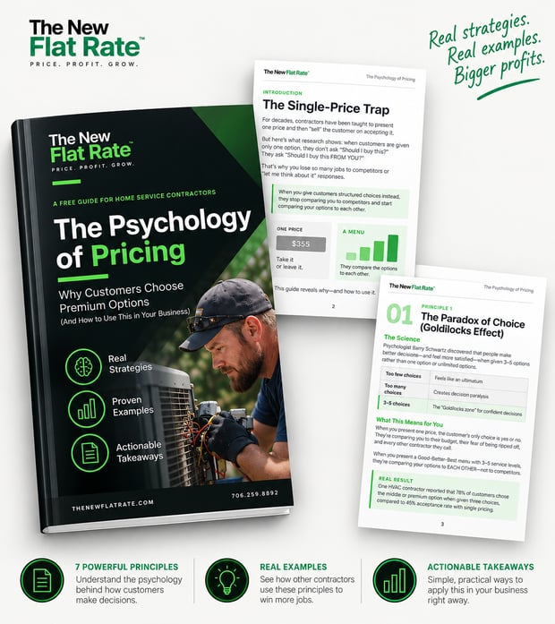 The Psychology of Pricing guide from The New Flat Rate — seven pricing psychology principles showing why customers choose premium options. The Psychology of Pricing guide from The New Flat Rate — seven pricing psychology principles showing why customers choose premium options.