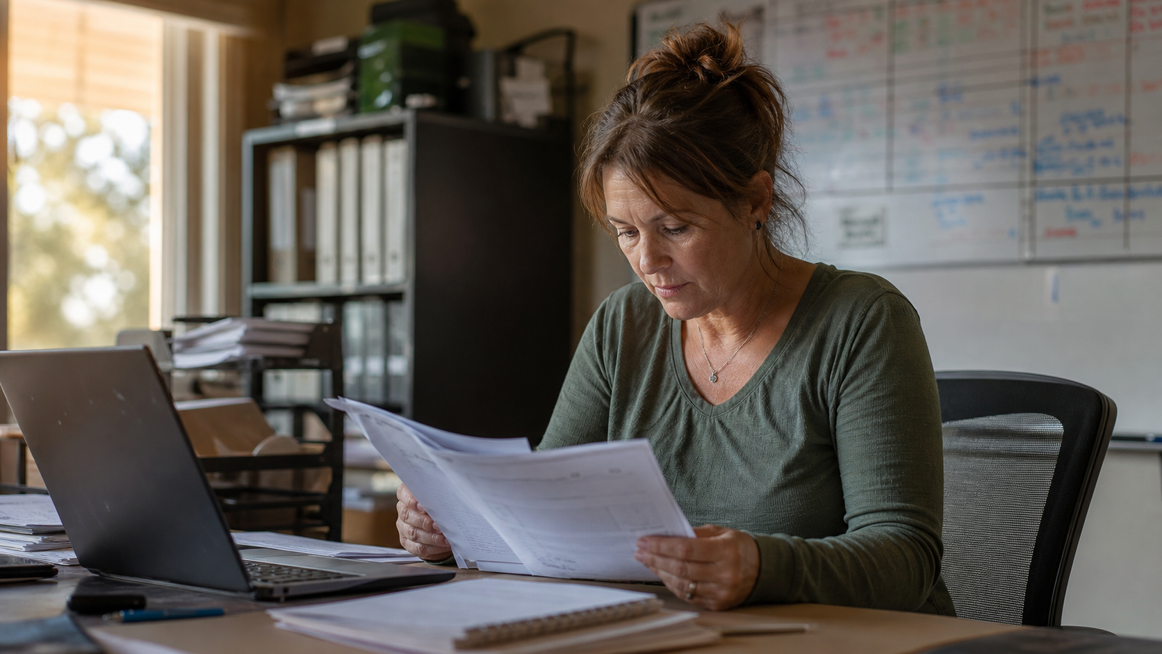 Office manager at a small HVAC company reviewing job invoices and work orders on a laptop