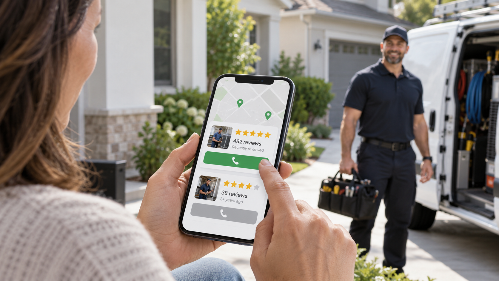 Homeowner compares HVAC contractors’ Google reviews on a smartphone while a service technician waits beside his van.