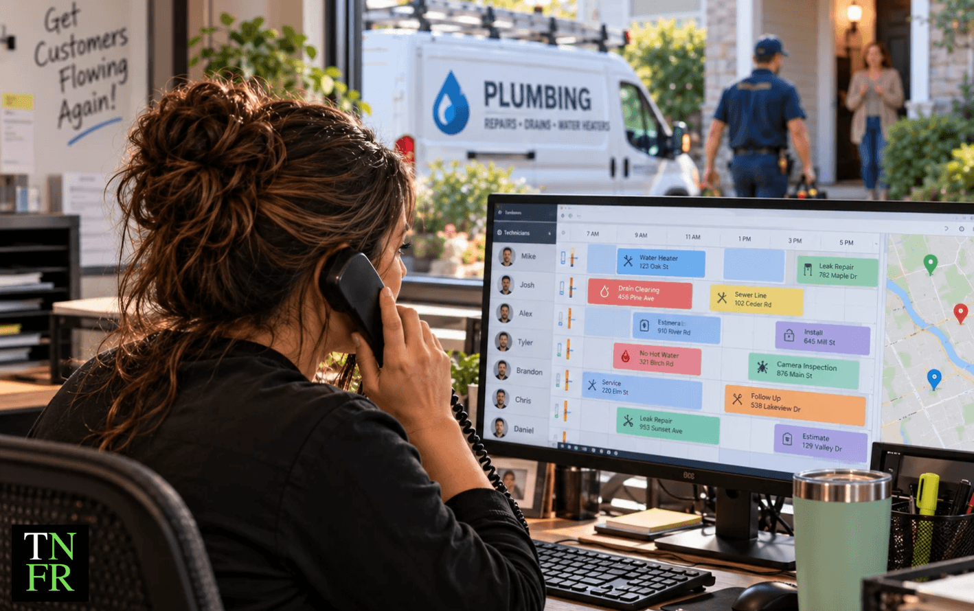 Plumbing dispatcher reshuffling the board after an emergency call lands on a full schedule