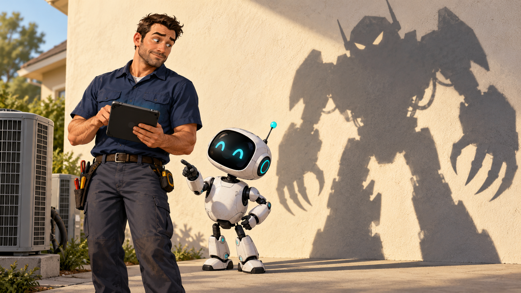  HVAC technician holding a tablet beside a friendly AI robot that casts a large, menacing shadow on the wall.
