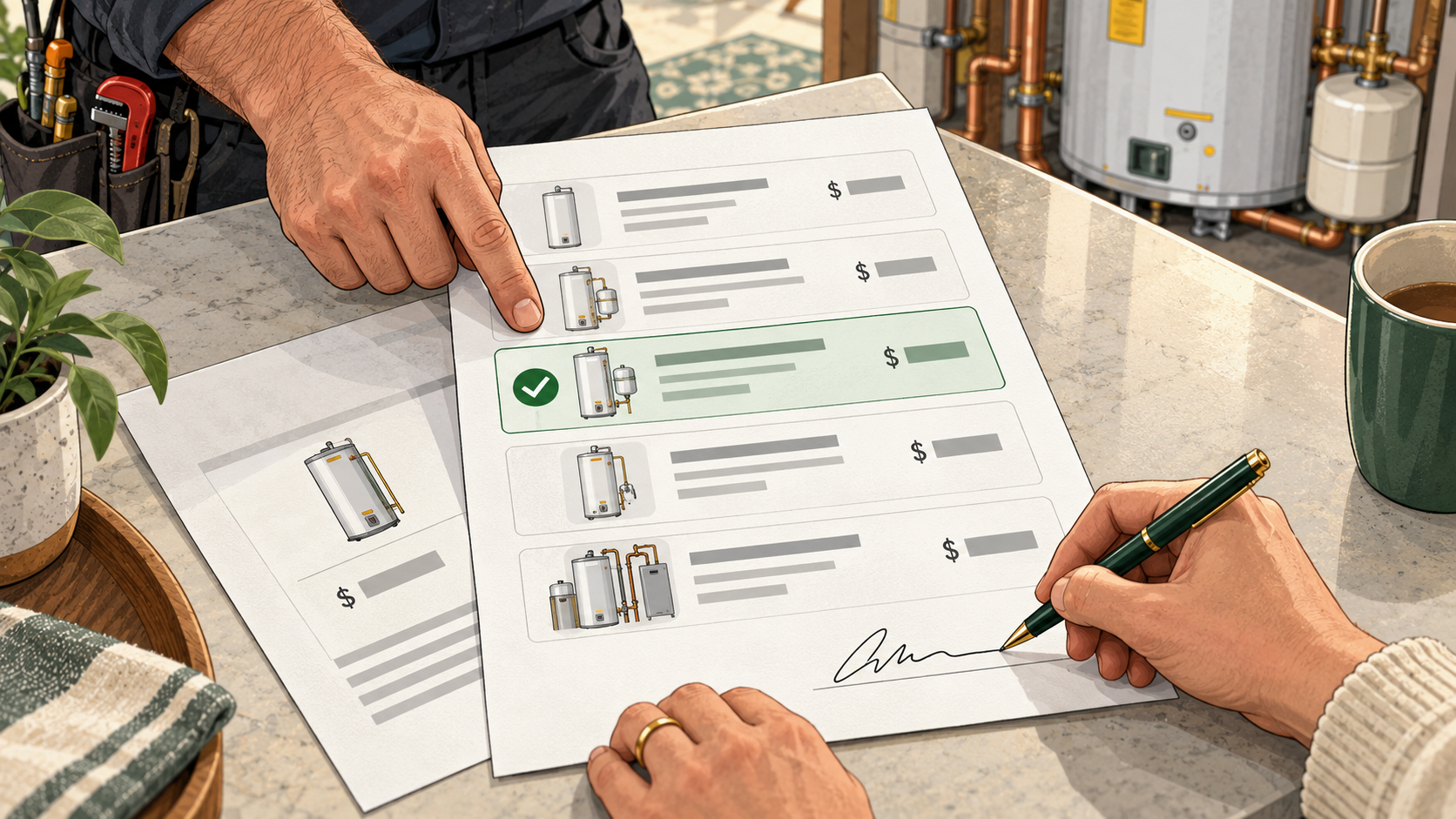 Homeowner signing a 5-option plumbing proposal