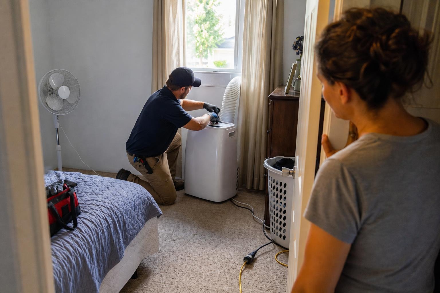  HVAC technician setting up a portable air conditioner in a bedroom.