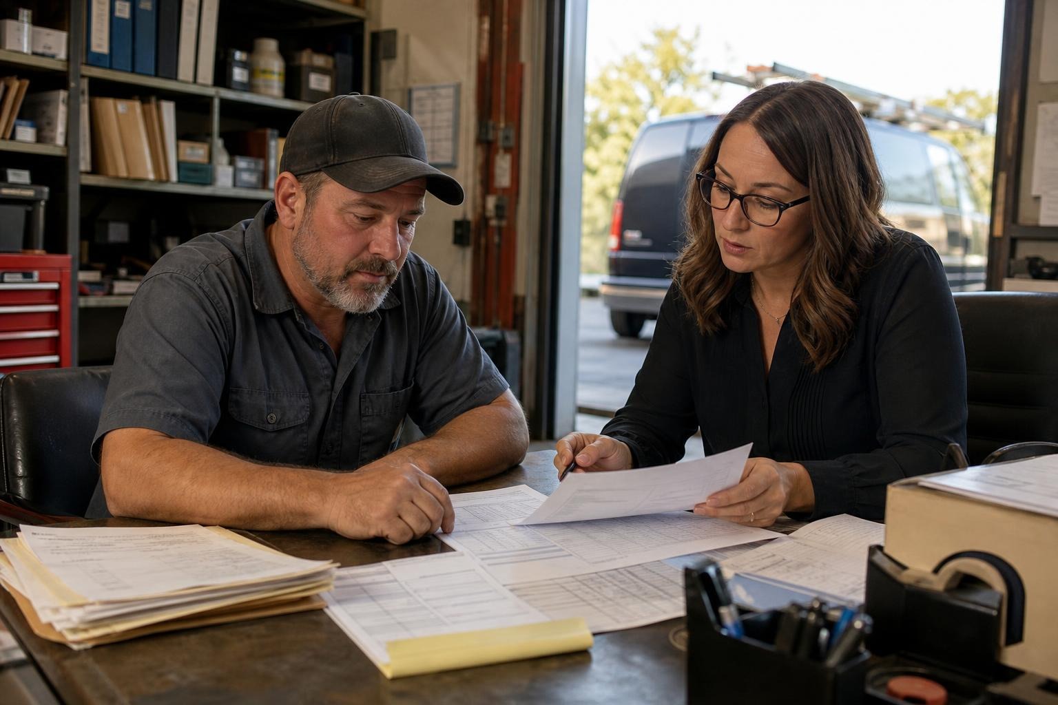  HVAC business owner reviewing financial documents with an accountant in a service shop.