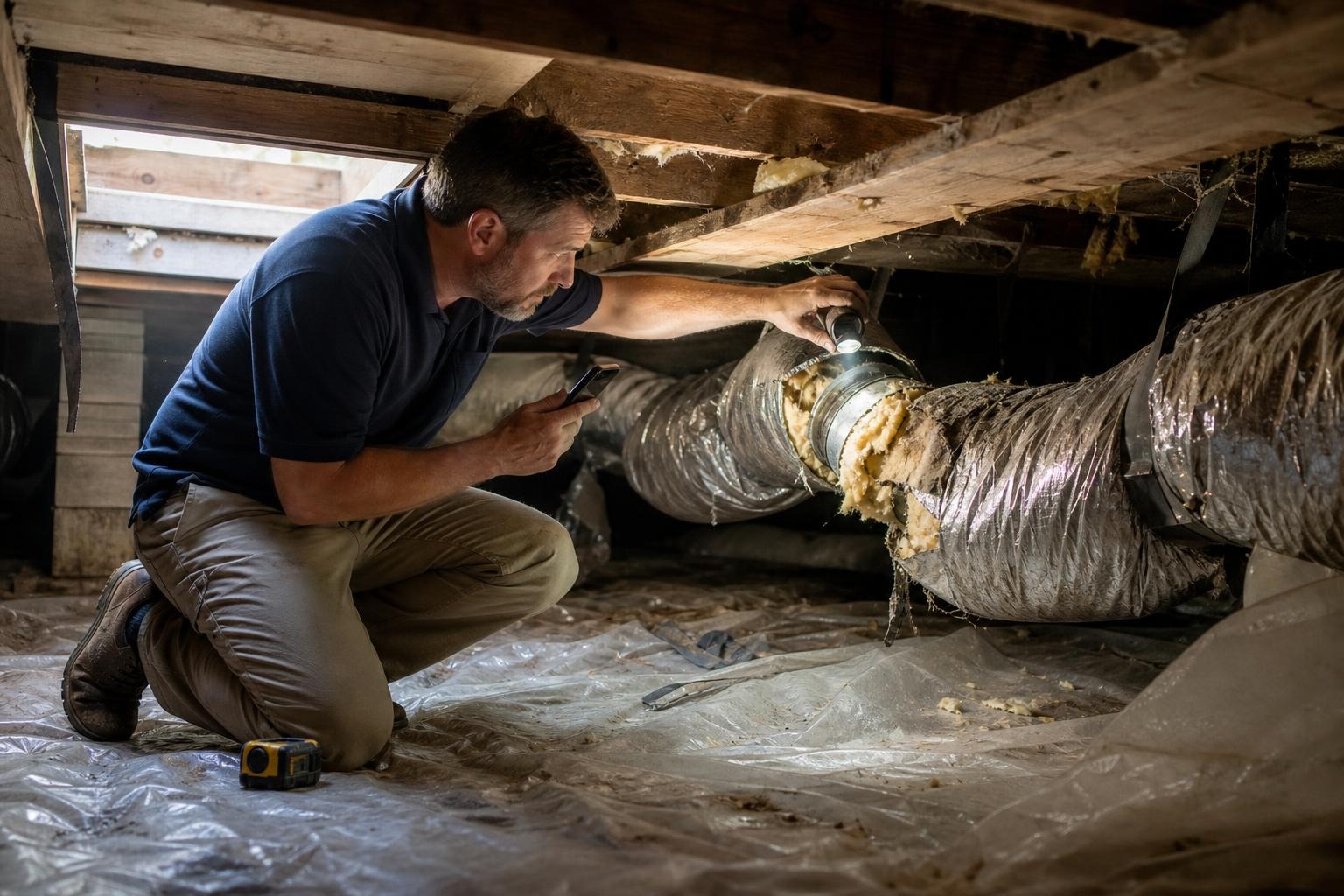 HVAC technician documenting disconnected and sagging ductwork in a crawl space.