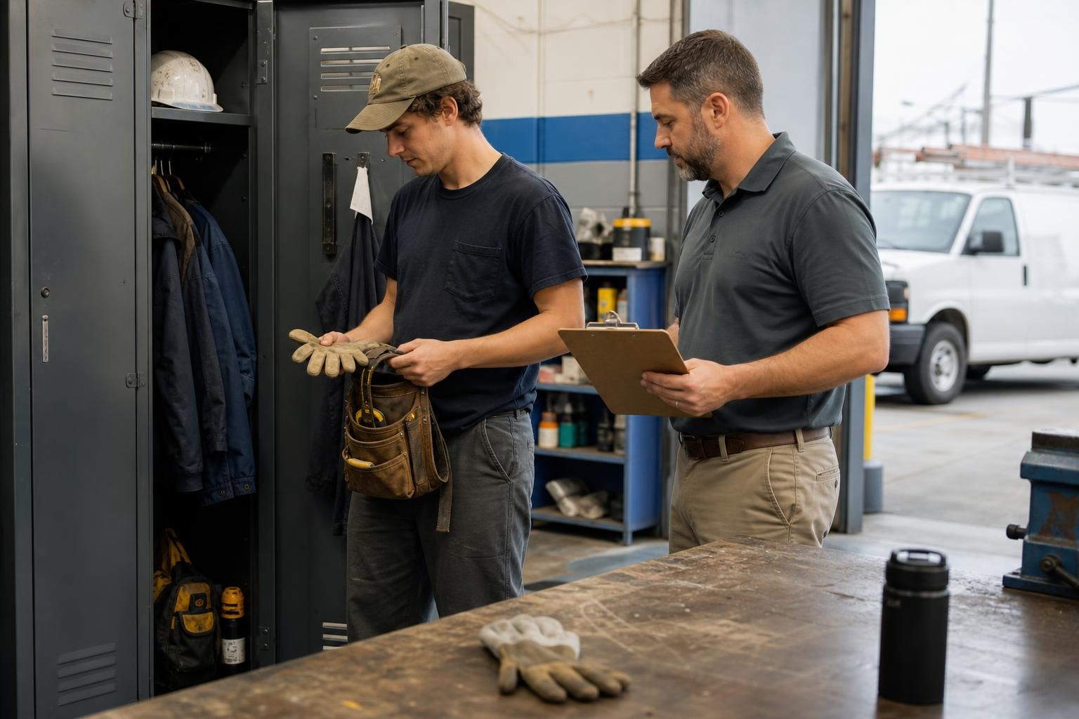 A supervisor helps a new service technician prepare equipment during onboarding in a shop.