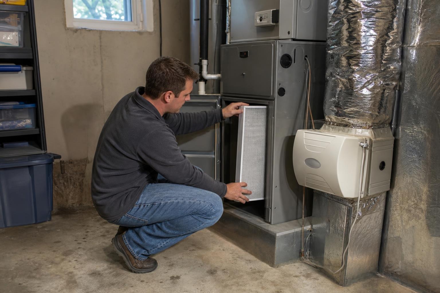 Homeowner replacing an air filter in a residential HVAC utility room.