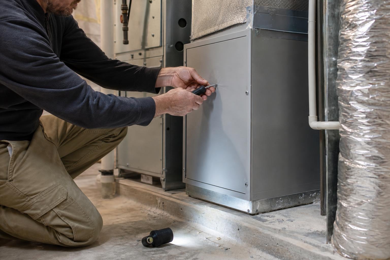 HVAC installer securing an air cleaner cabinet in a residential mechanical room.