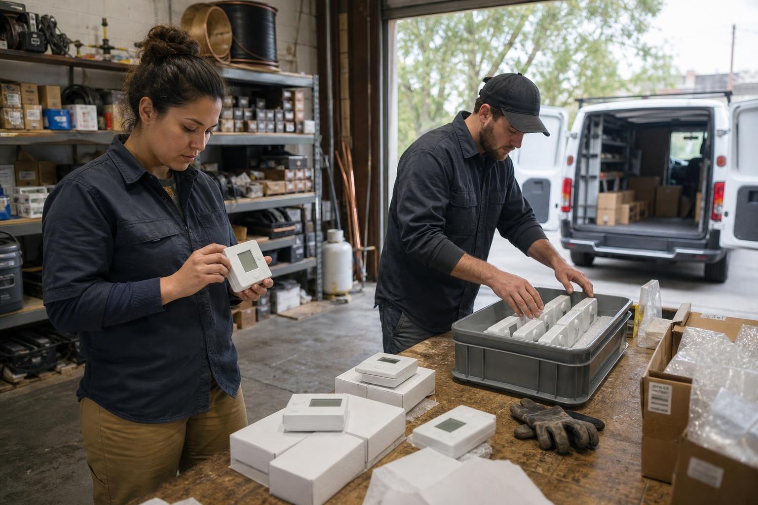 HVAC technicians preparing thermostats in a small contractor warehouse.