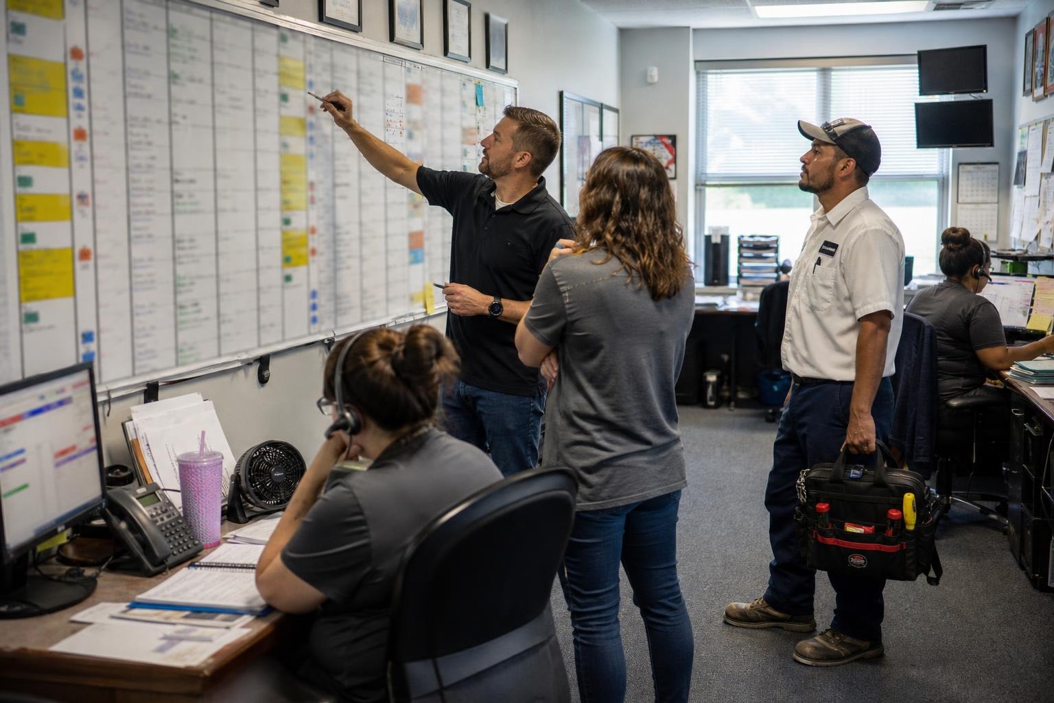 Contractor operations team reviewing a workflow bottleneck in a dispatch office.