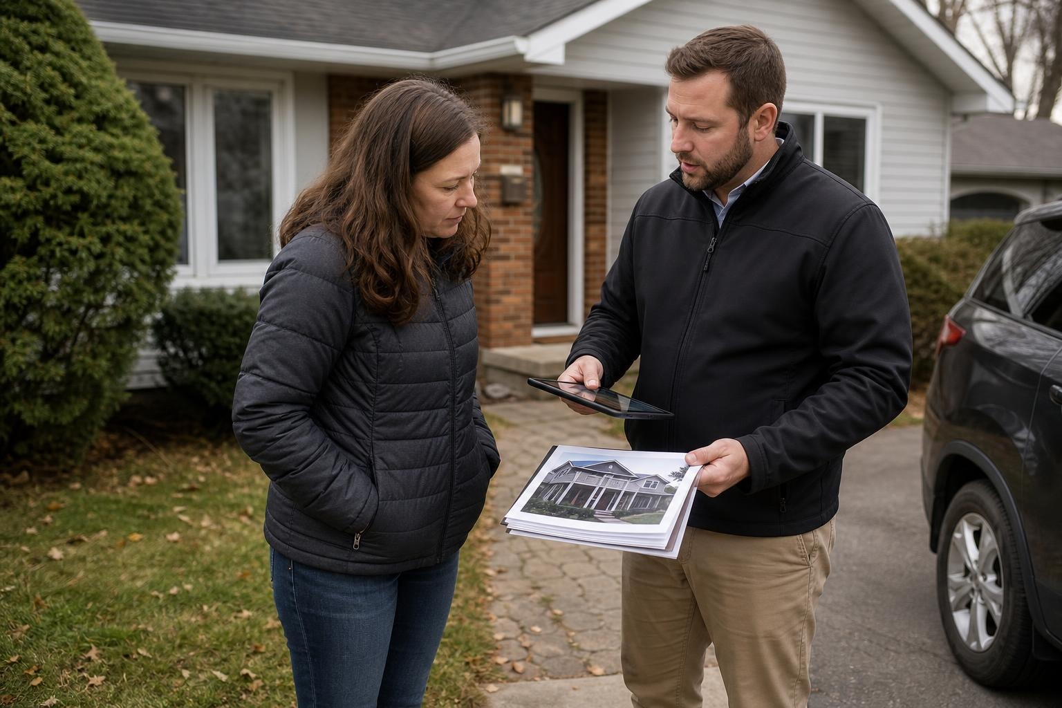 Contractor using visual materials to explain a home improvement project to a homeowner.