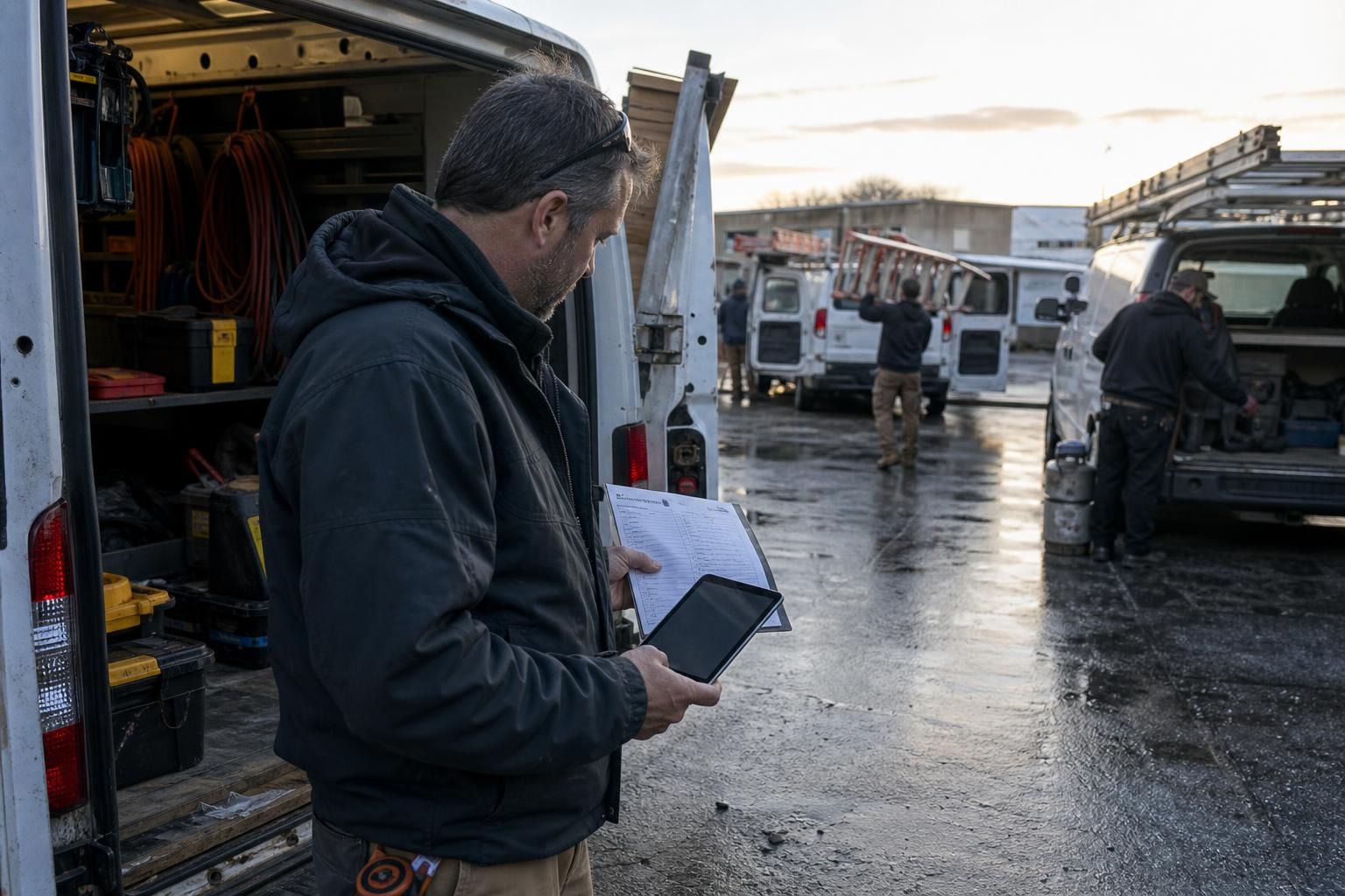 Contractor owner reviewing a rollout plan at a service yard before crews leave.