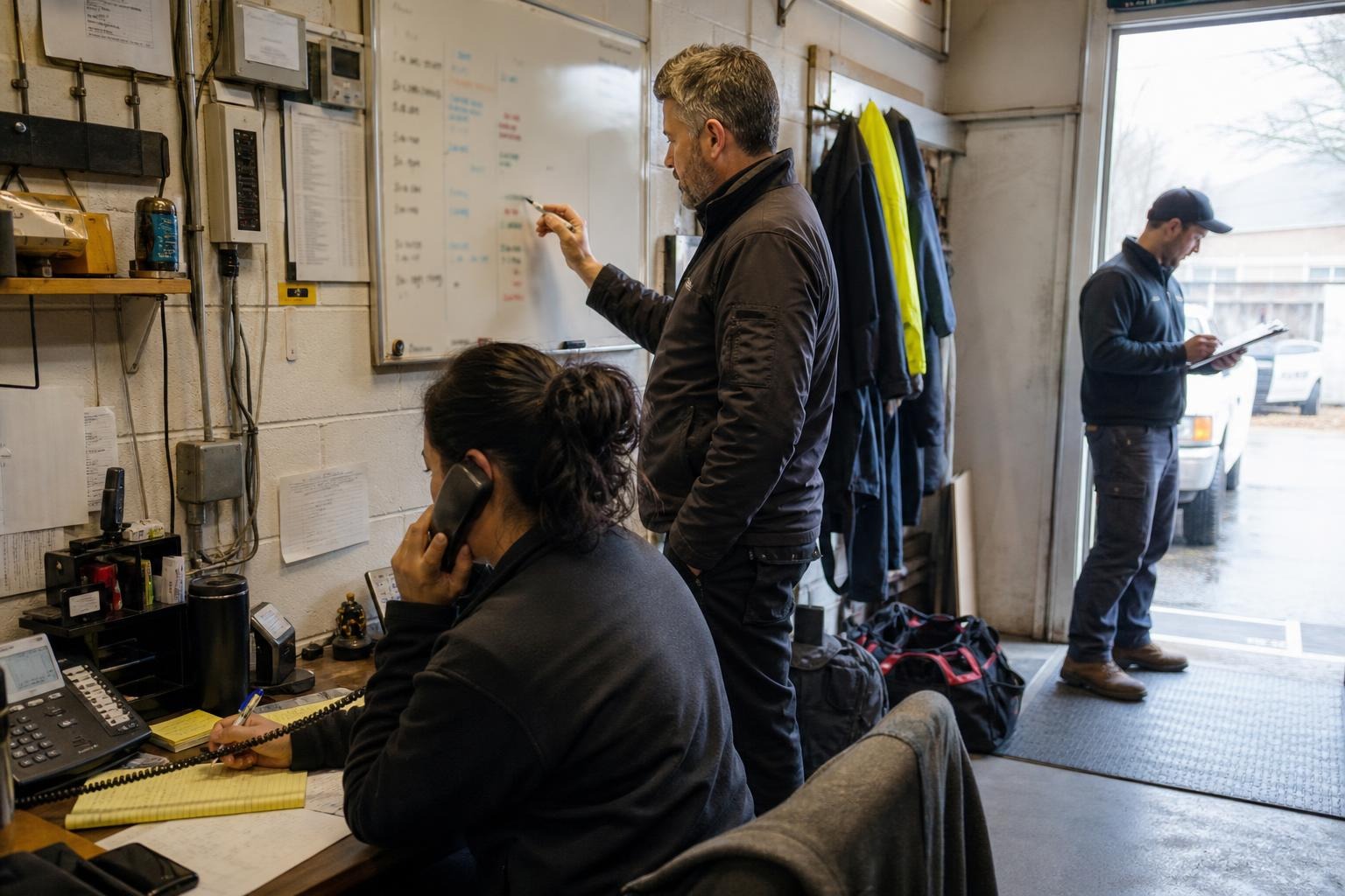 Dispatcher, technician, and supervisor coordinating work in a service office.