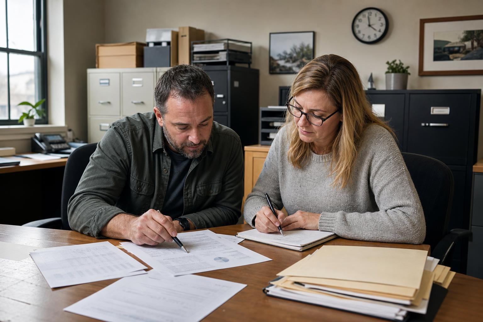 Business owner and bookkeeper reviewing printed financial reports together.