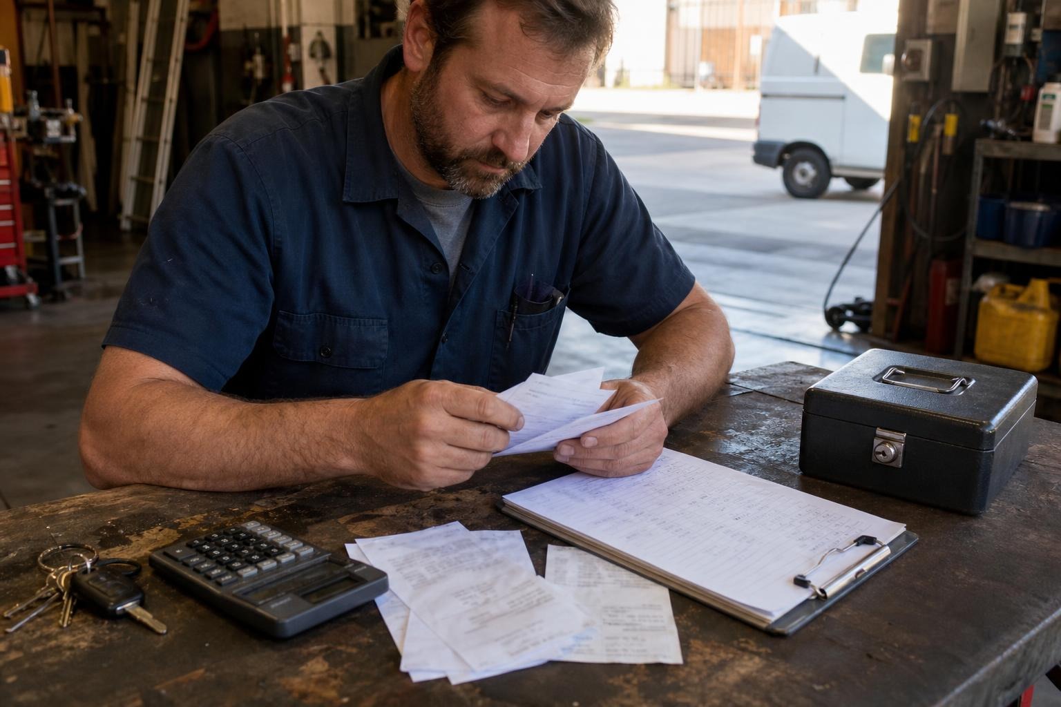 Contractor reviewing invoices and a cash-planning sheet at a workbench.