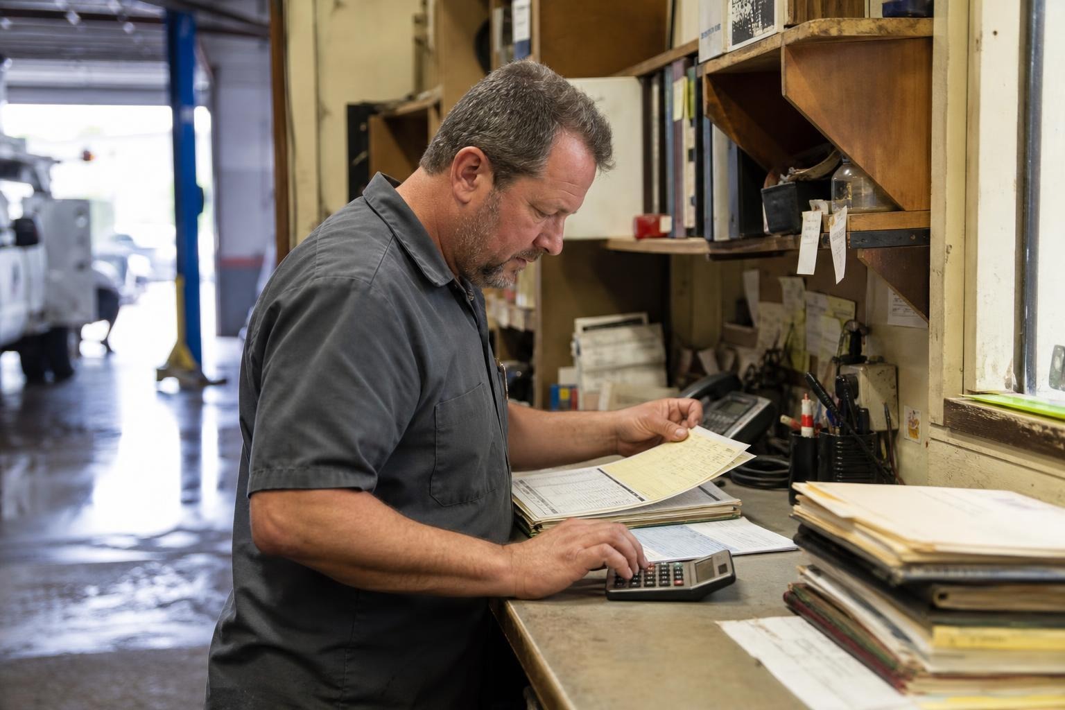 Home service business operator reviewing completed job paperwork with a calculator.
