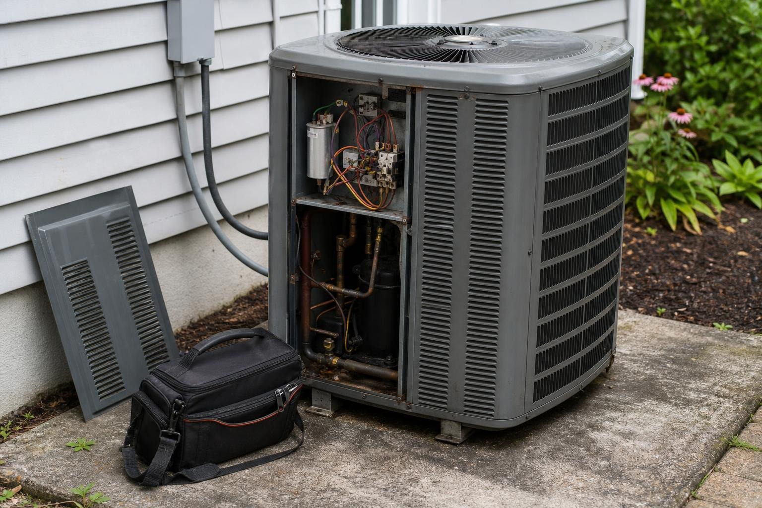 Residential air-conditioning condenser with an access panel removed for inspection.