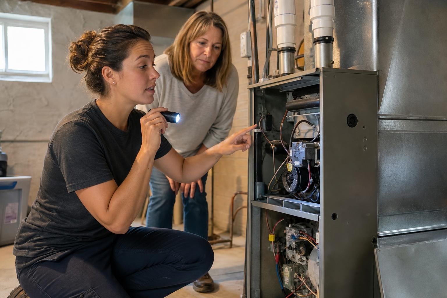 HVAC technician inspecting a furnace while a homeowner listens.