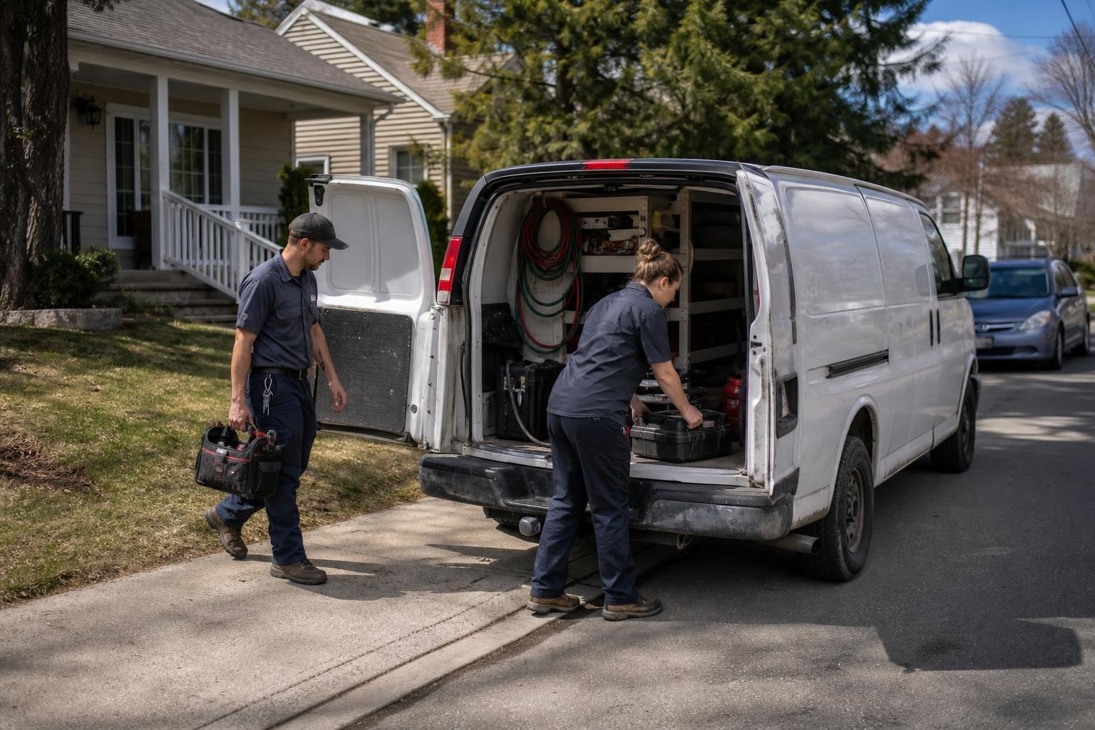 Two service technicians loading equipment into a van after a residential job.