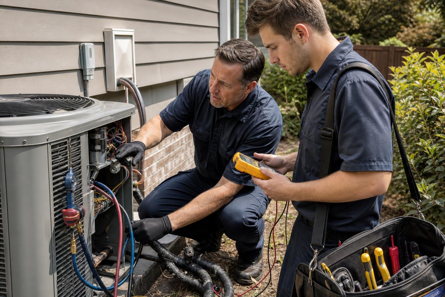 An experienced technician demonstrates HVAC diagnostic work to a newer technician at a home.