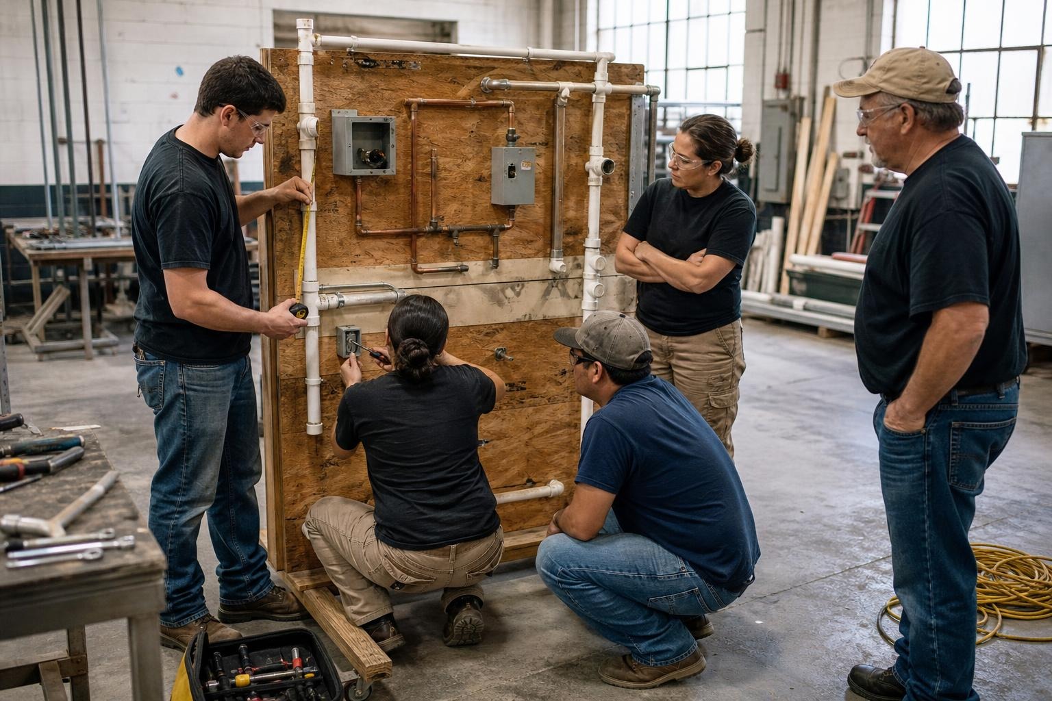 Adult trade trainees practice basic hands-on skills in a workshop with an instructor nearby.