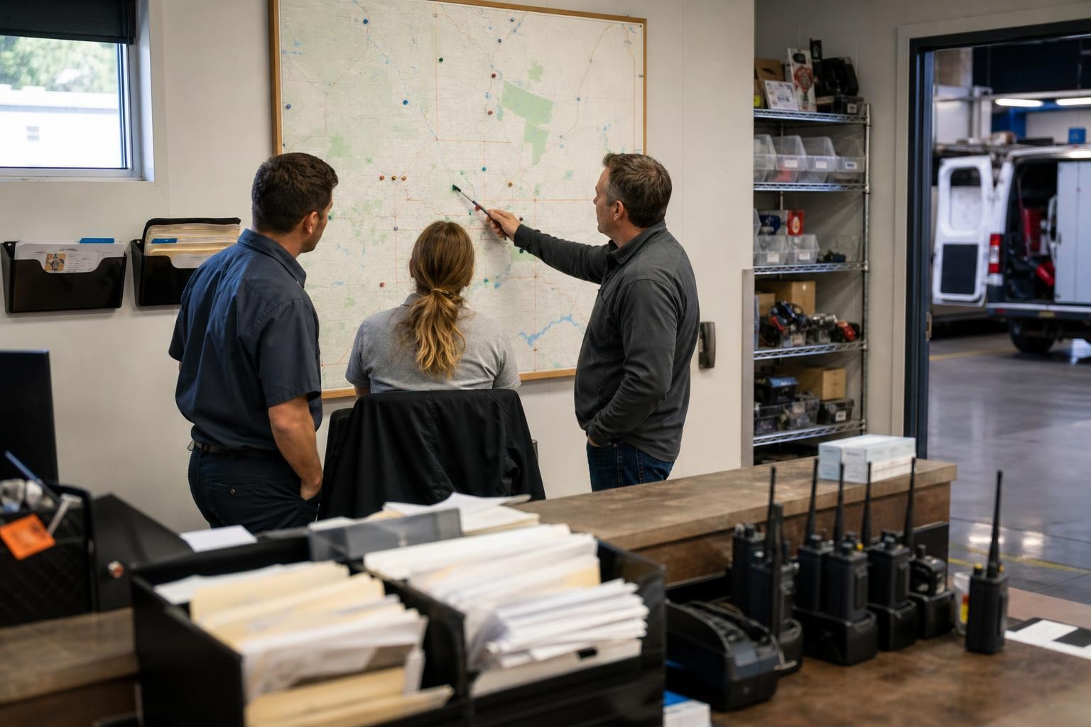 A technician, dispatcher, and manager review operations during cross-department orientation.