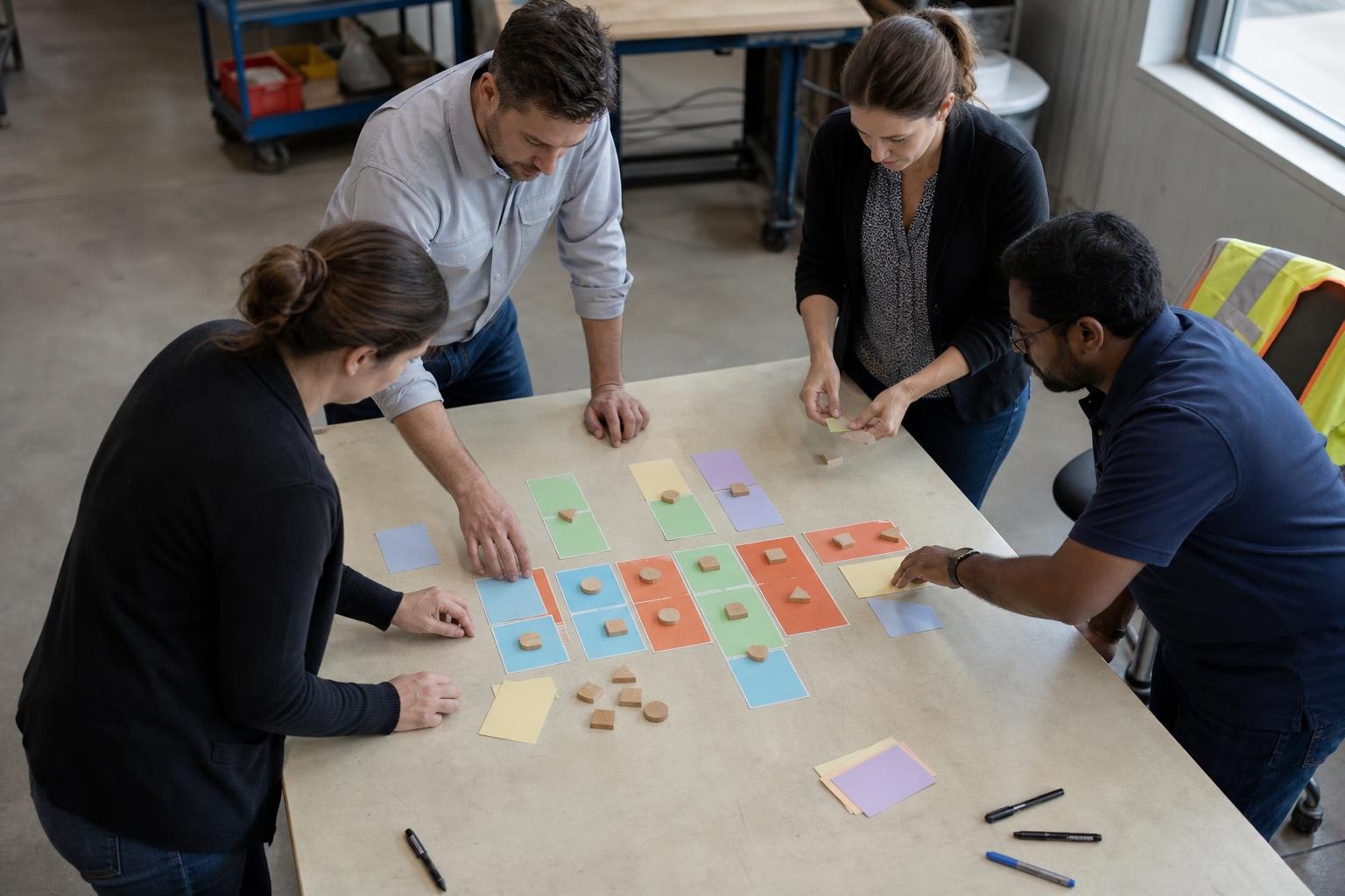 Operations team arranging a physical workflow map around a worktable.