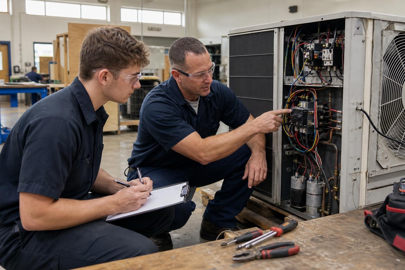 Experienced HVAC technician training a colleague at an air-conditioning unit.