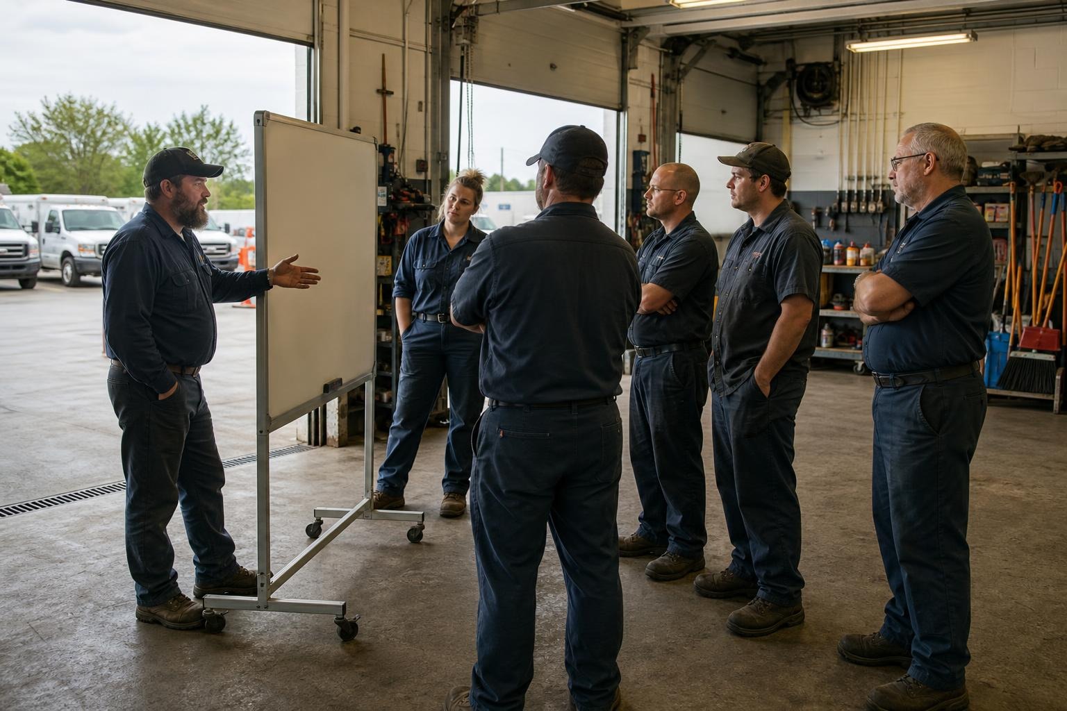 Service team holding a short operational huddle near a garage bay.