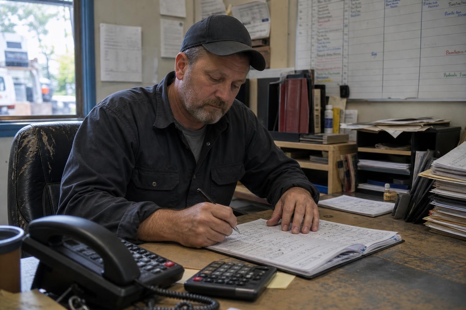 Business owner reviewing a handwritten task log at a busy service office desk.