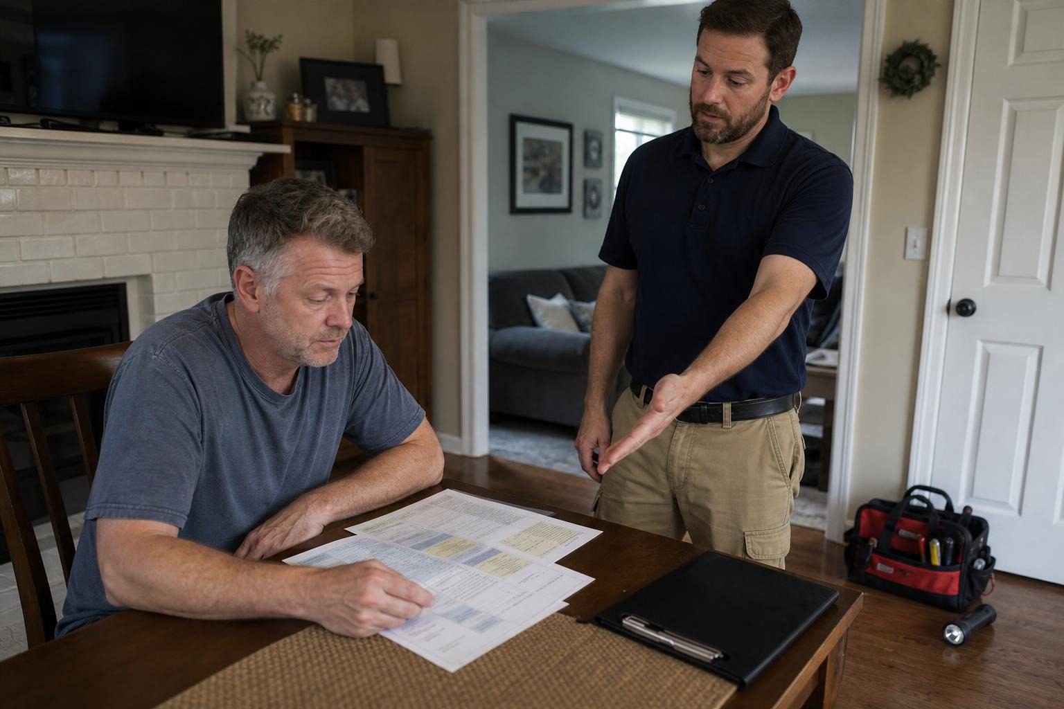  Homeowner reviewing repair options with an HVAC professional at a dining table.