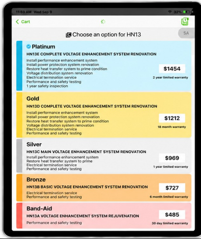 The New Flat Rate options screen as a customer sees it, showing four priced choices with the contractor's logo