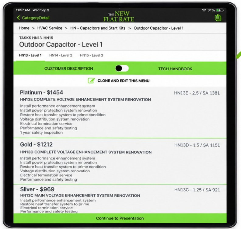 A built price book open on a tablet, showing menu options for one service call