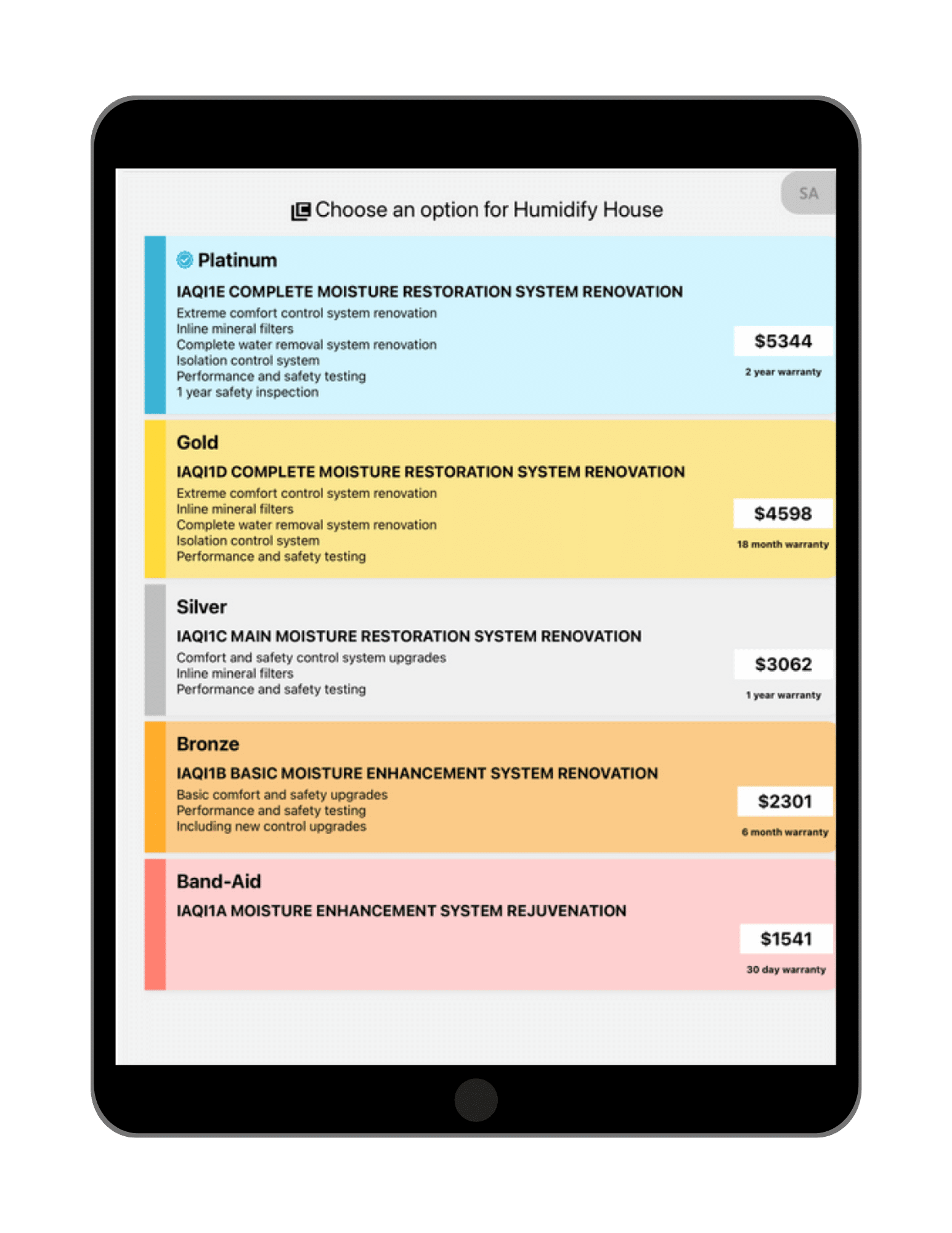 The New Flat Rate pricing app showing five repair options